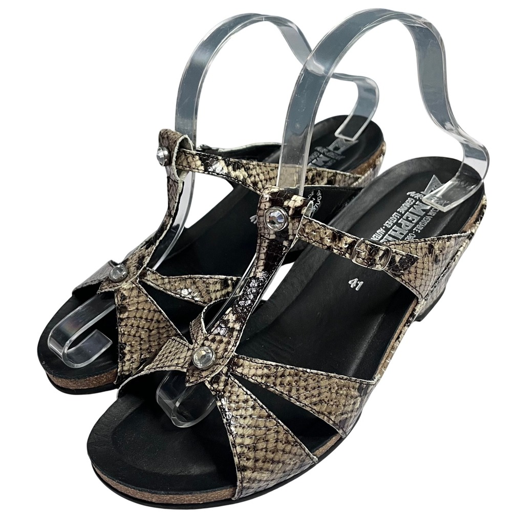 Mephisto Air-Relax Snakeskin Leather Wedge Sandals Size 41 T-Strap 51 947 33082